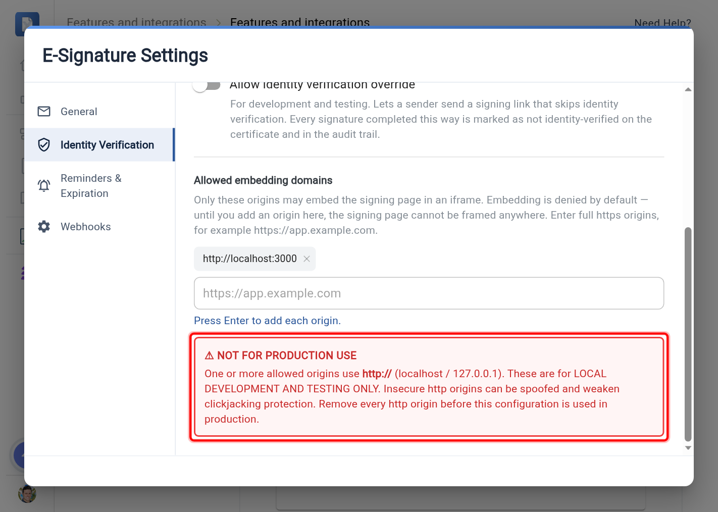 The NOT FOR PRODUCTION USE warning highlighted after an http://localhost origin is added to Allowed embedding domains