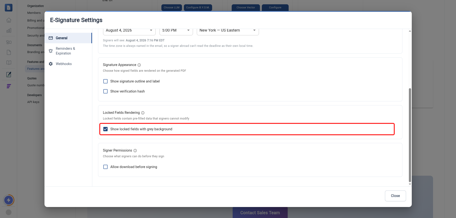 E-Signature Settings dialog with the Show locked fields with grey background checkbox highlighted