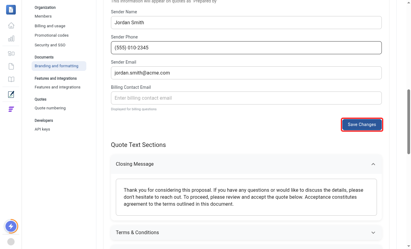 Save Changes button highlighted under Sender Information