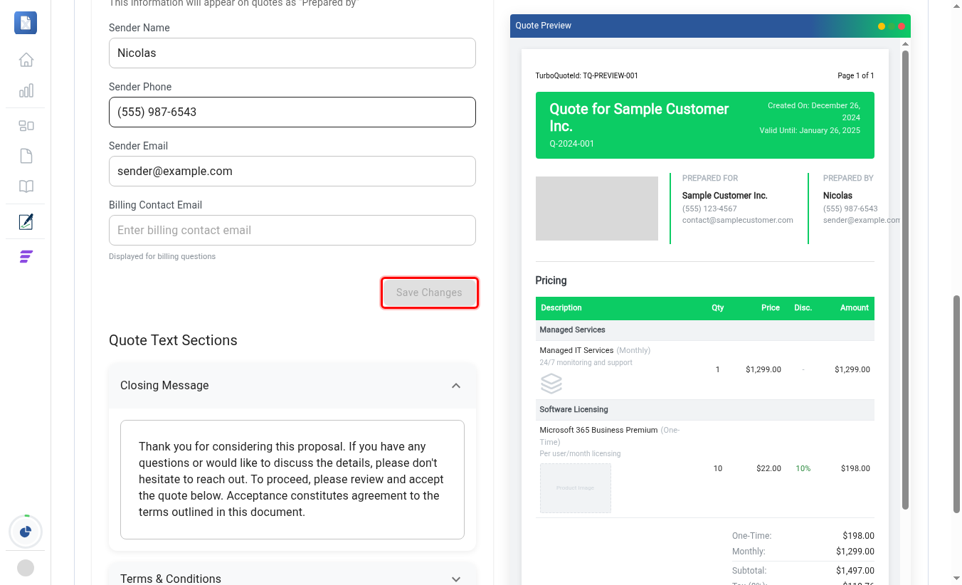 Save Changes button highlighted under Sender Information