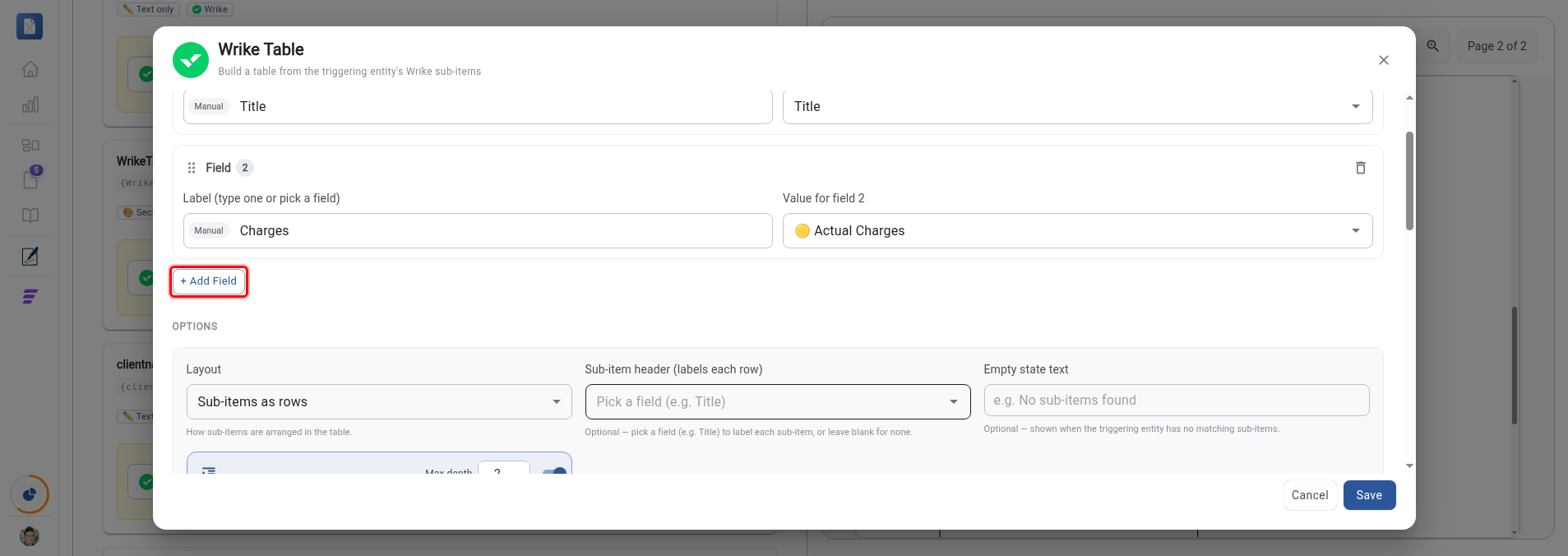 Wrike Table builder with the + Add Field button highlighted