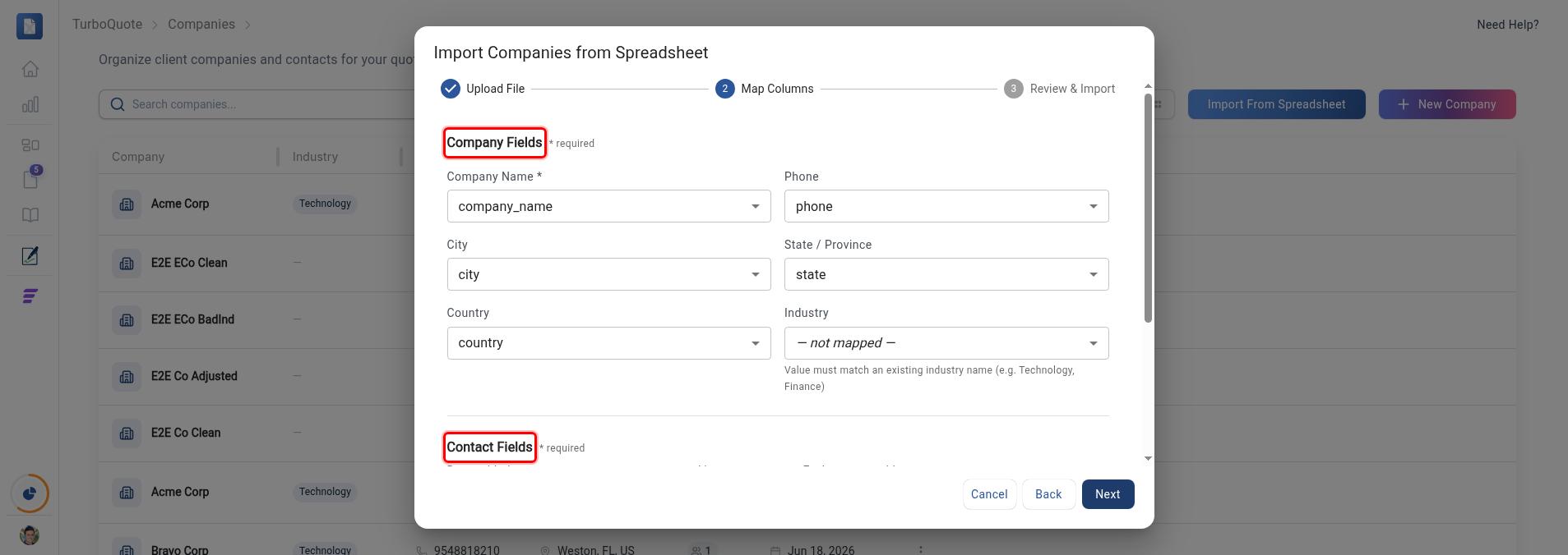 The Companies Map Columns step with the Company Fields and Contact Fields groups highlighted