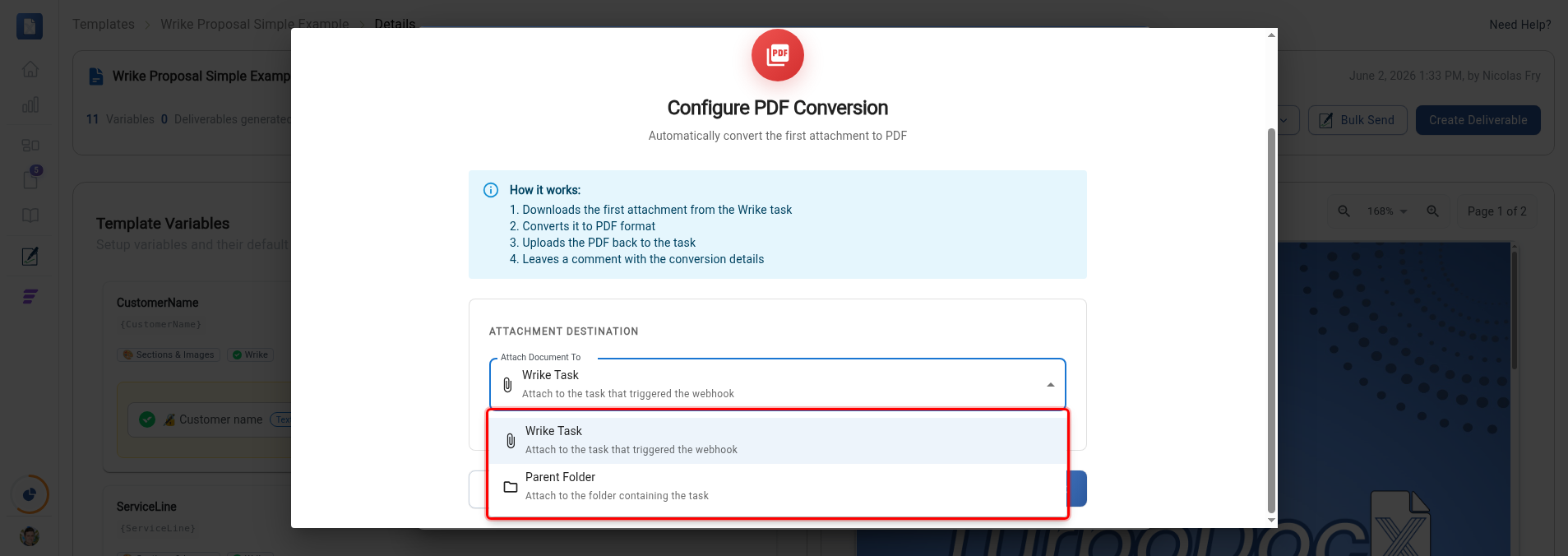 Attach Document To dropdown open showing Wrike Task and Parent Folder options
