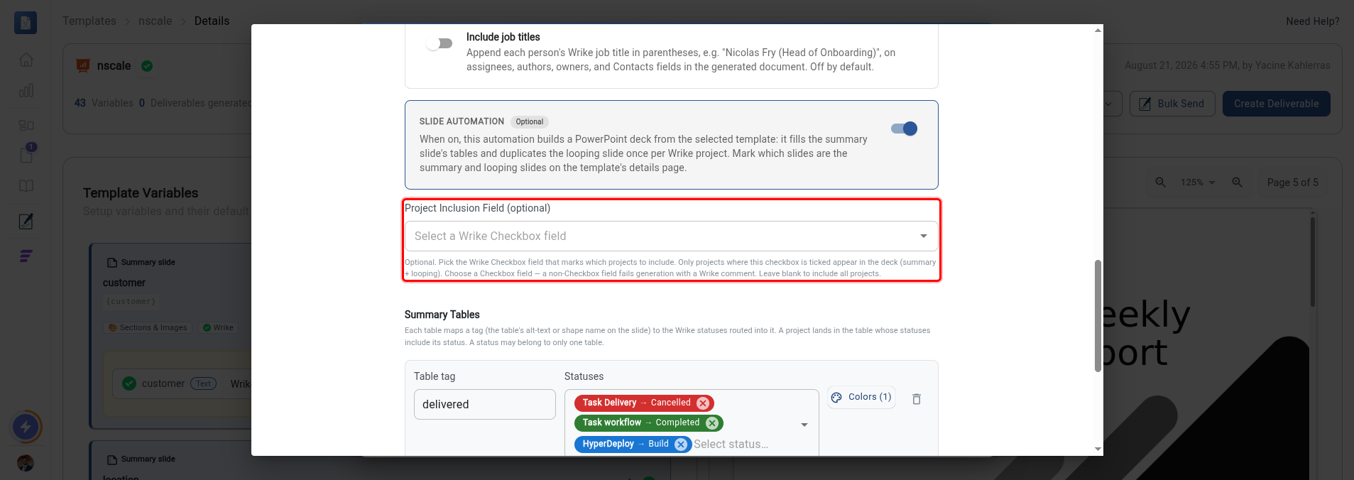 The Project Inclusion Field picker highlighted, with no field selected