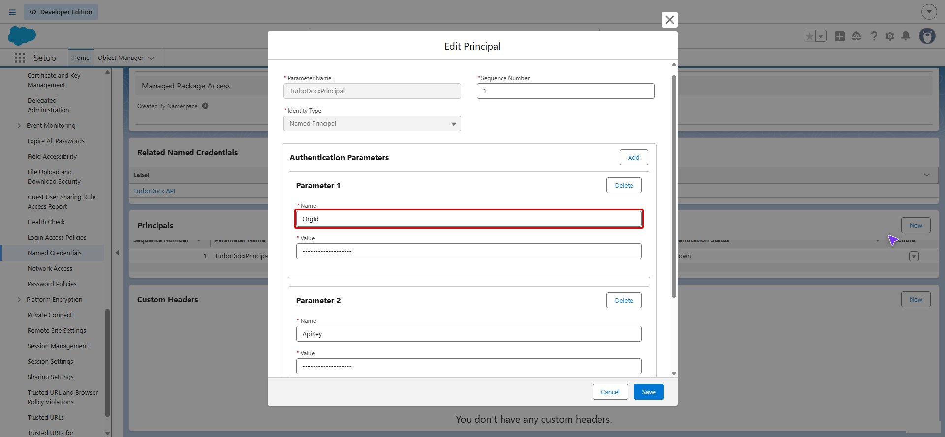 Edit Principal dialog with the OrgId parameter Name field highlighted
