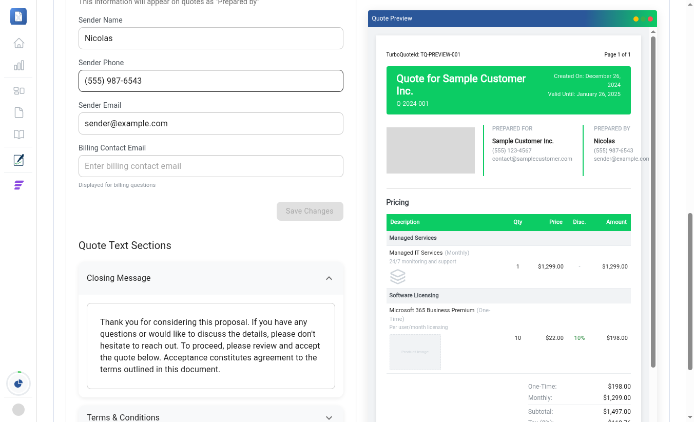 Sender Information saved, reflected in the Prepared by preview