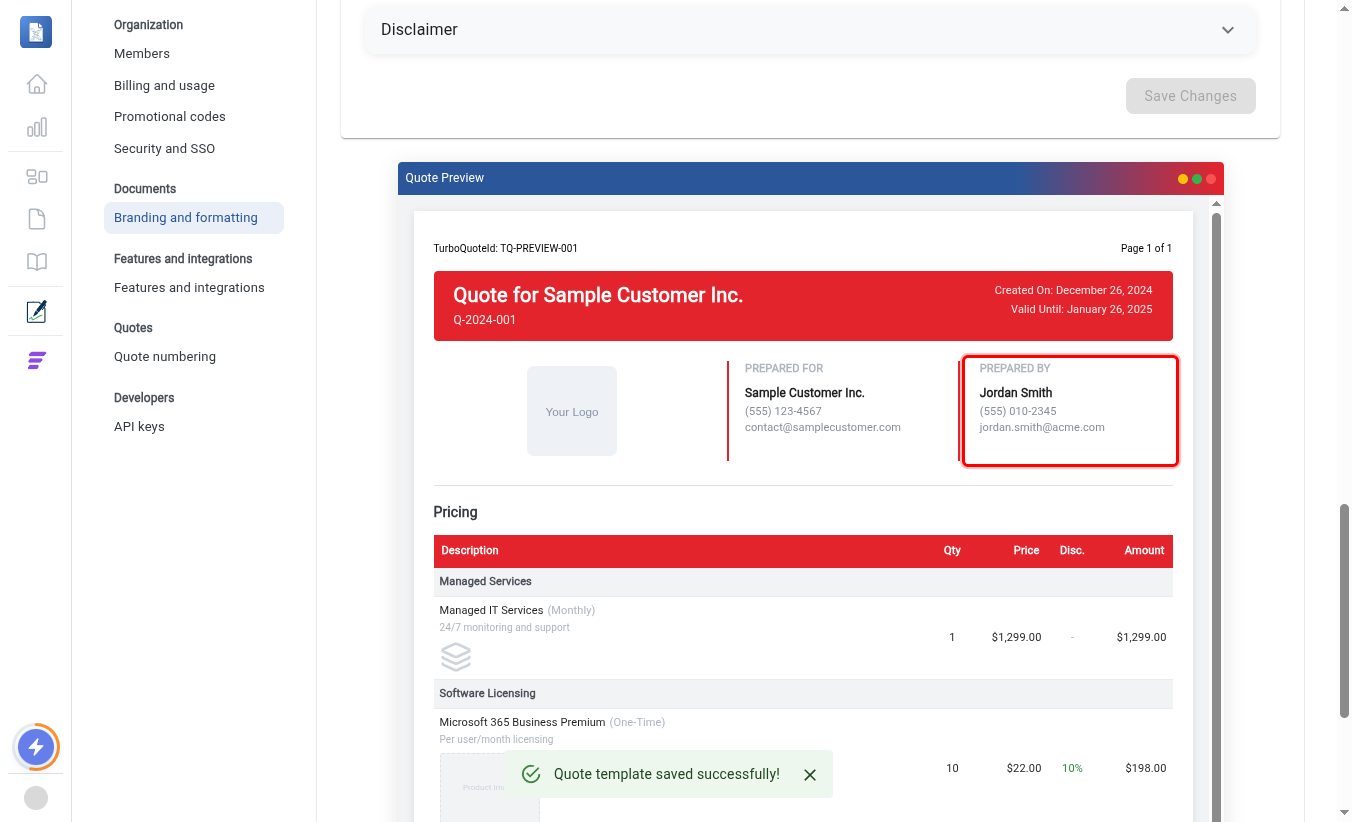 Sender Information saved, reflected in the Prepared by preview