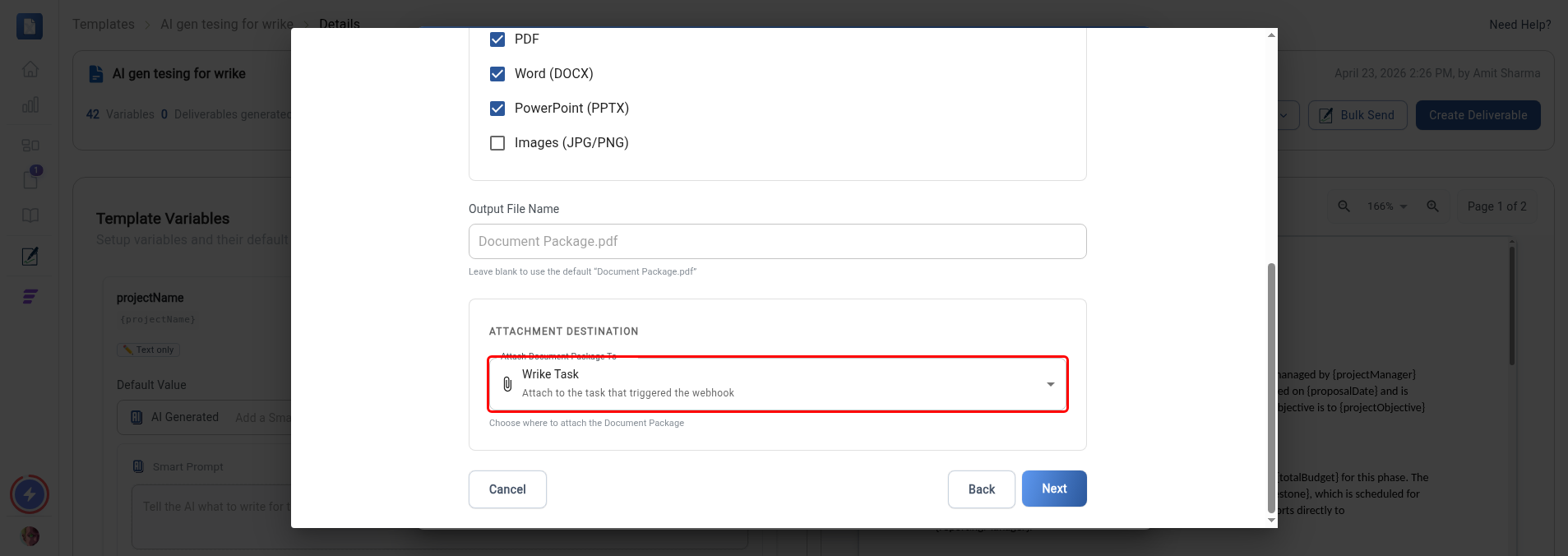 Attach Document Package To dropdown highlighted