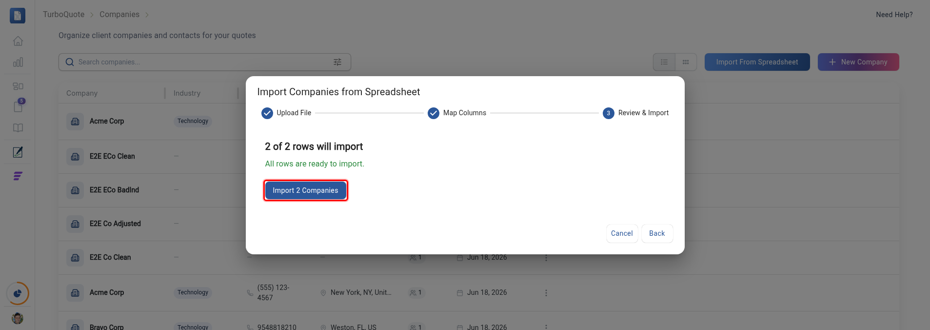 The Companies Review and Import step showing 2 of 2 rows will import and the Import 2 Companies button highlighted