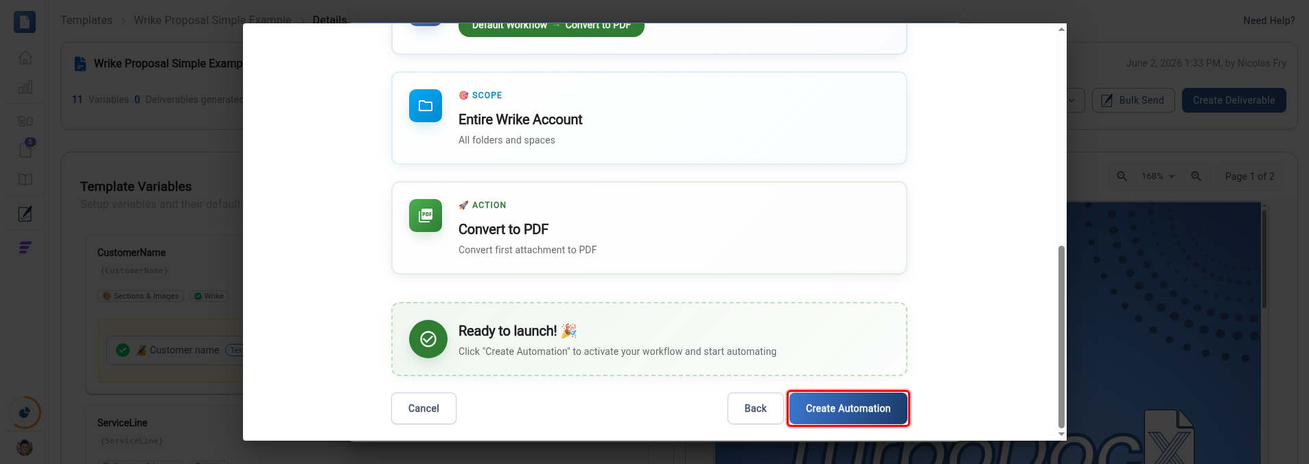 Review step with the Create Automation button highlighted