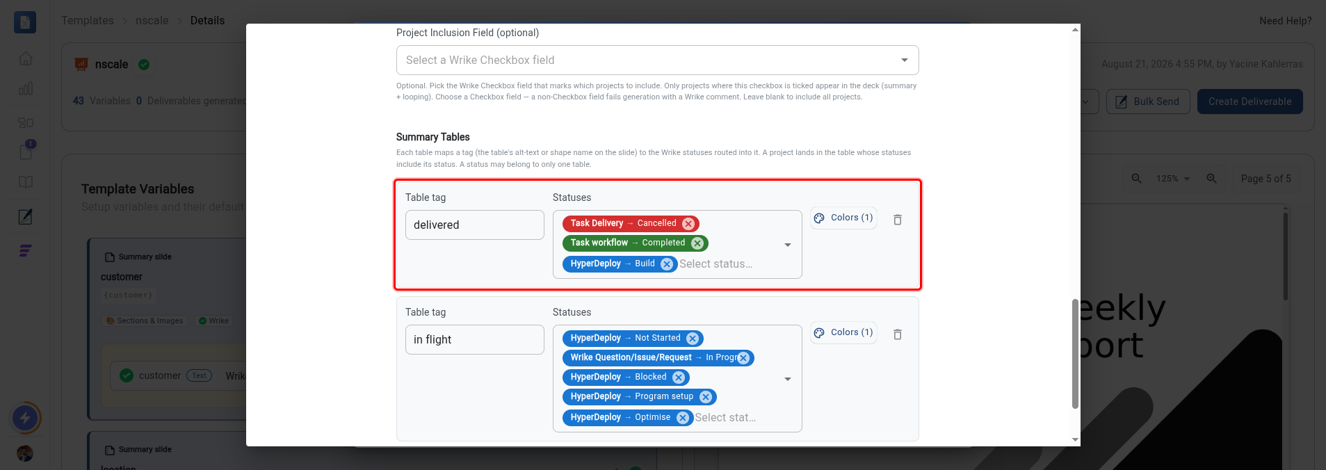 A summary table row showing the Table tag and Statuses fields