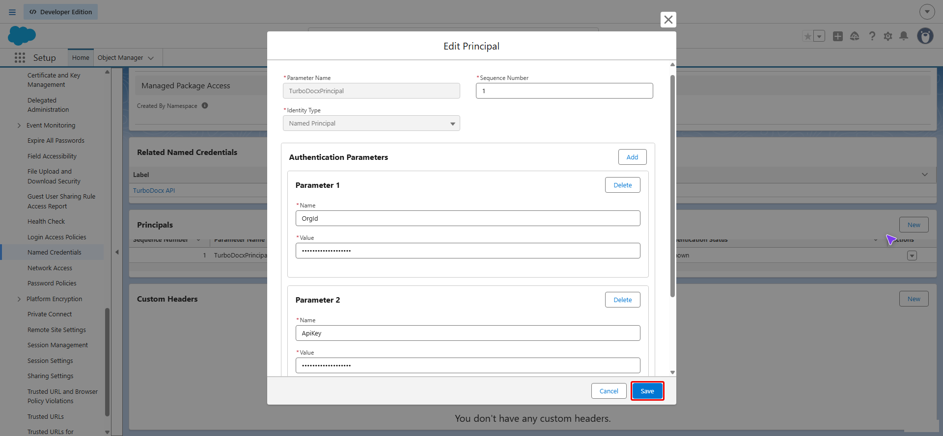 Edit Principal dialog with the Save button highlighted