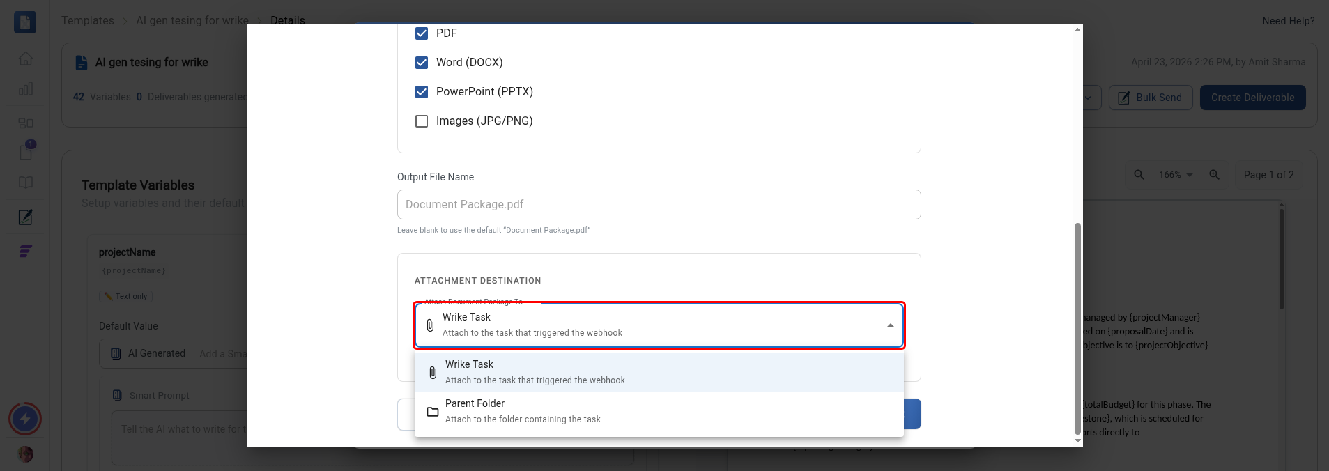Attach Document Package To dropdown open showing Wrike Task and Parent Folder options