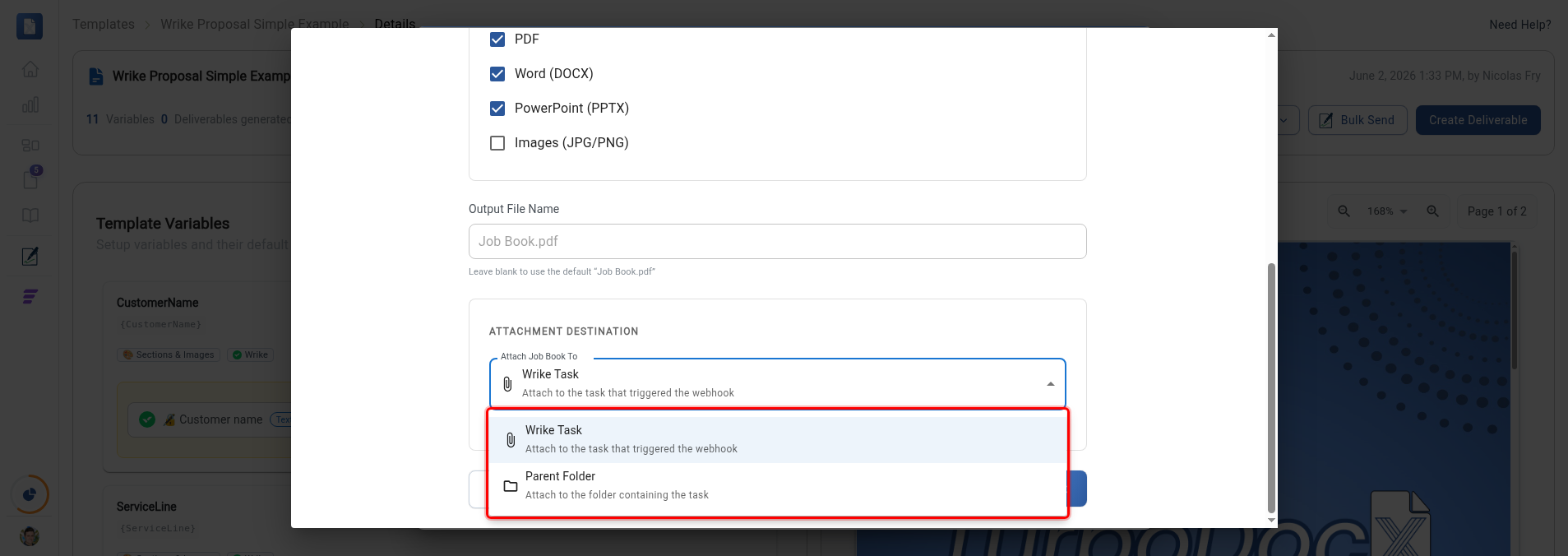 Attach Job Book To dropdown open showing Wrike Task and Parent Folder options