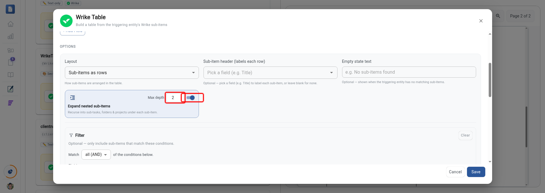 Expand nested sub-items toggle and the Max depth control highlighted