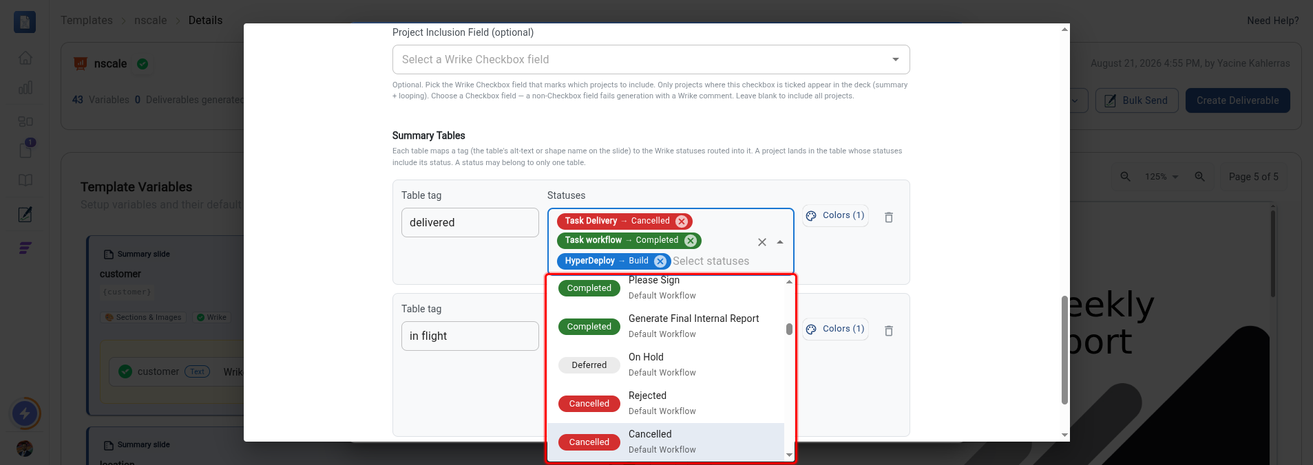 The status dropdown open, with statuses grouped by workflow