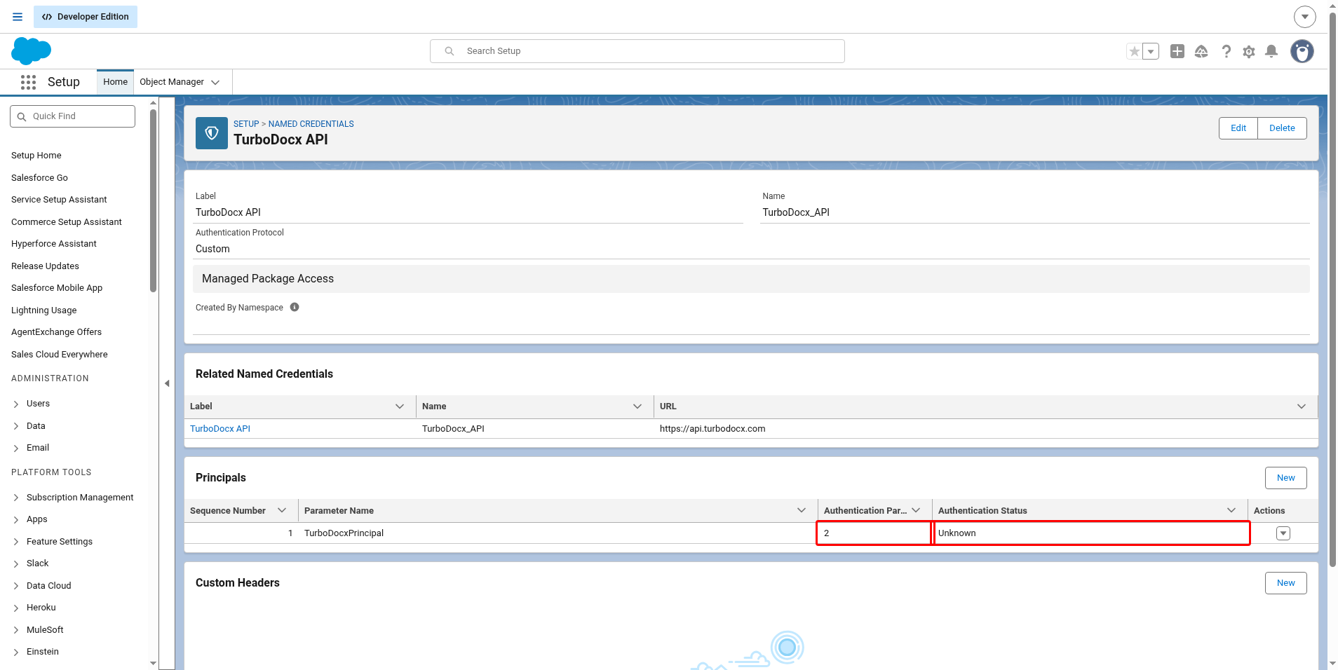 TurboDocxPrincipal row with Authentication Parameters 2 and Authentication Status Unknown highlighted