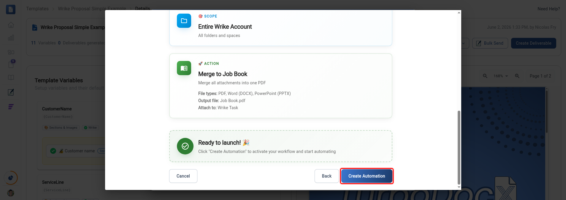 Review step with the Create Automation button highlighted