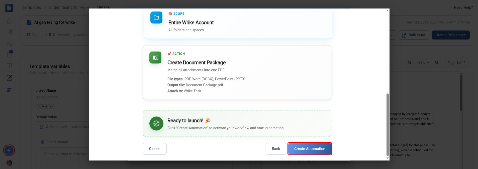 Review step with the Create Automation button highlighted