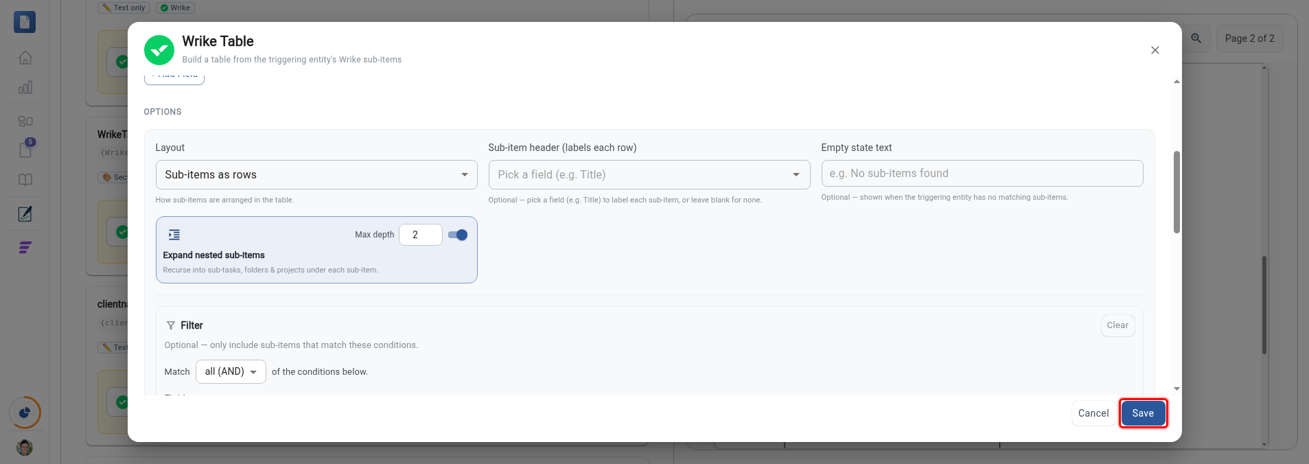 Wrike Table builder with the Save button highlighted