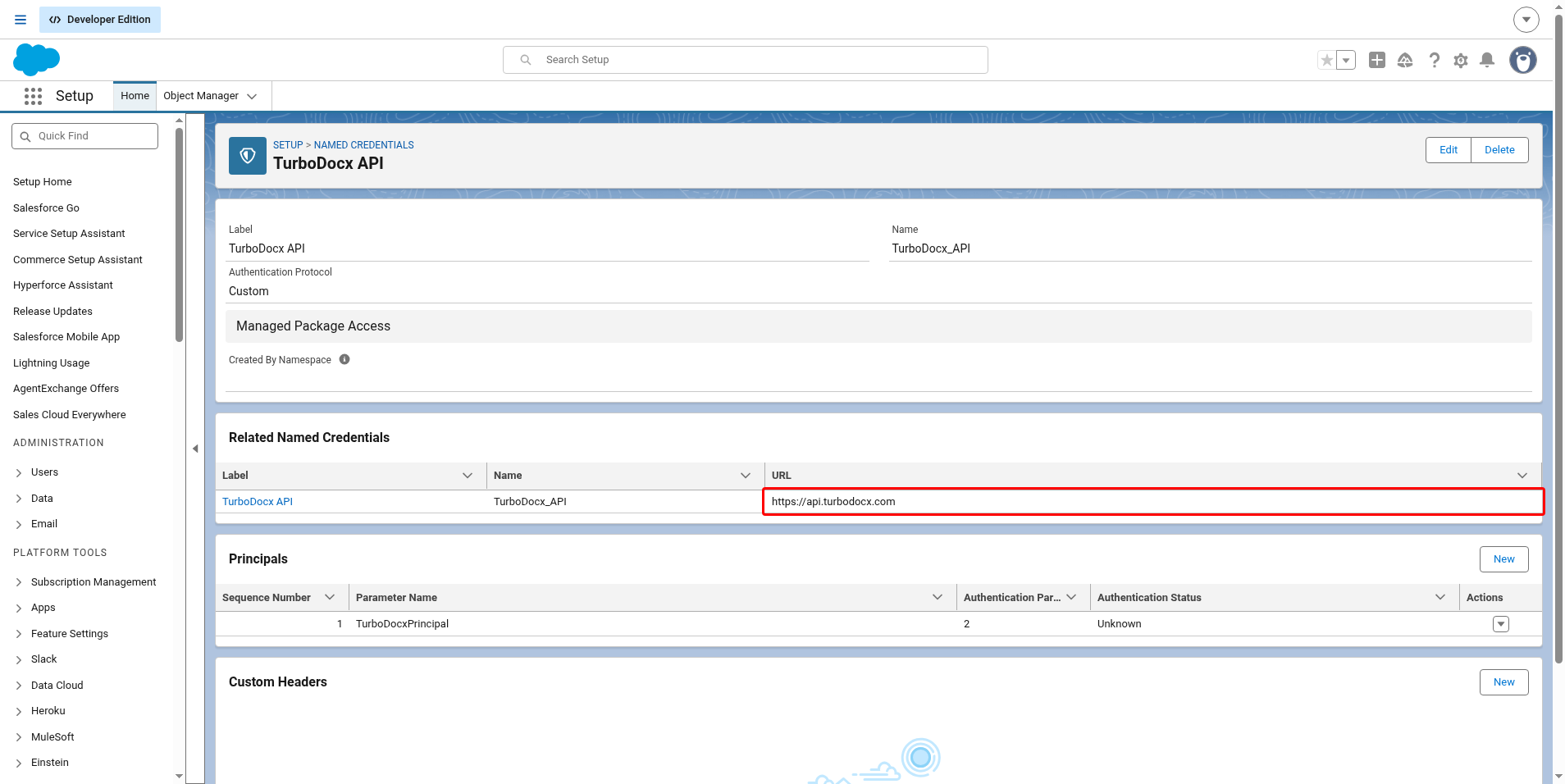 Related Named Credentials list with the TurboDocx API URL highlighted