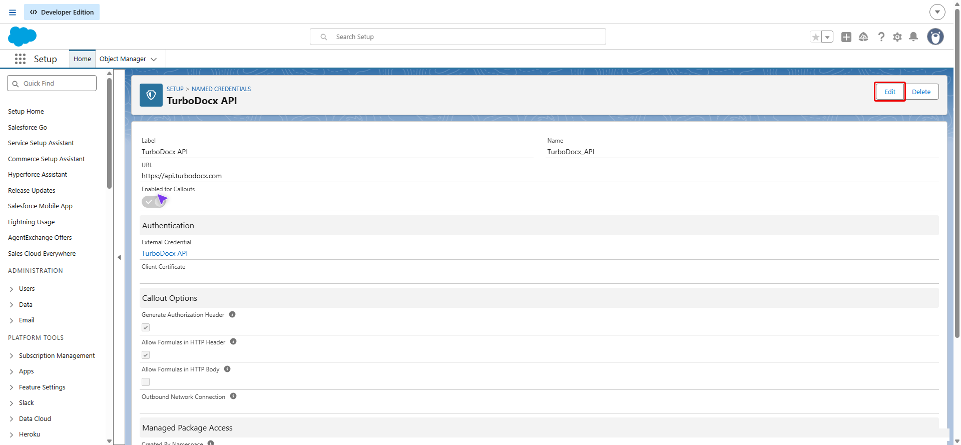 Named Credential detail page with the Edit button highlighted