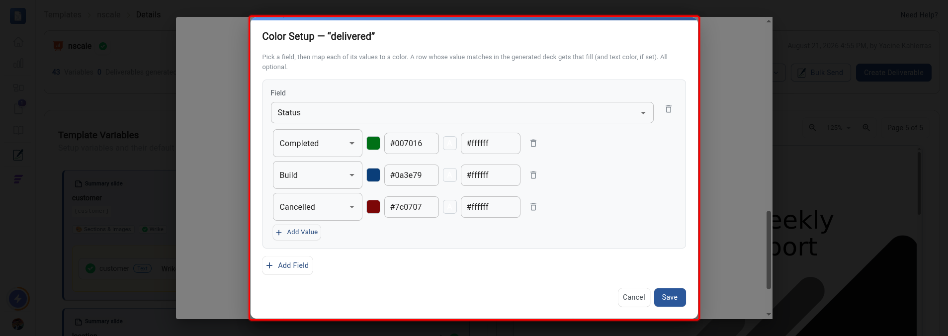 The Color Setup dialog mapping status values to fill and text colours