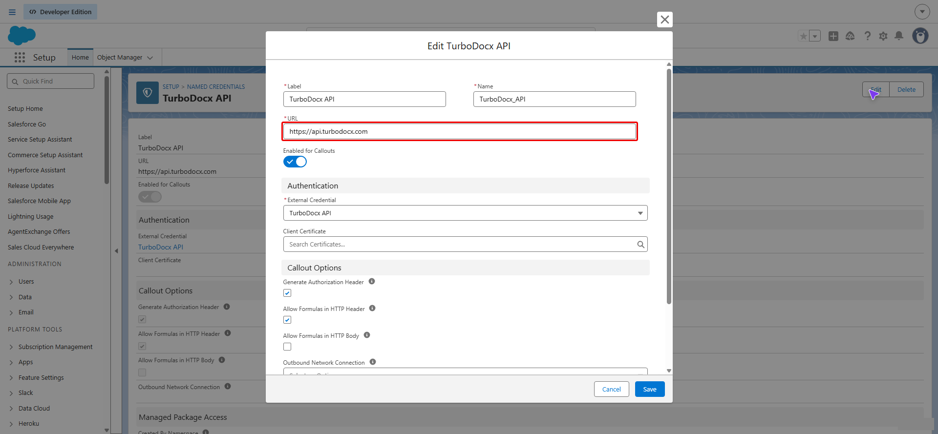 Edit Named Credential dialog with the URL field highlighted