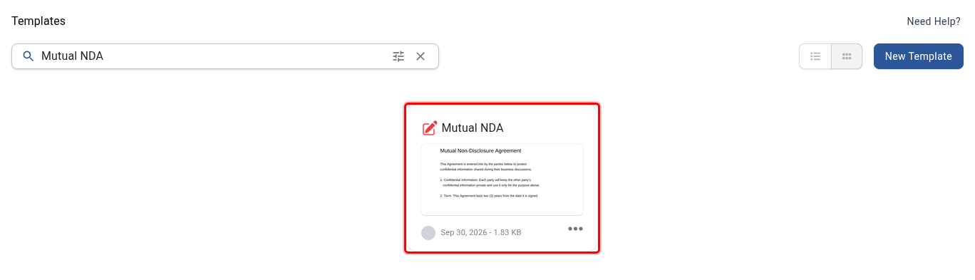 Templates list filtered to the Mutual NDA template, with its tile highlighted
