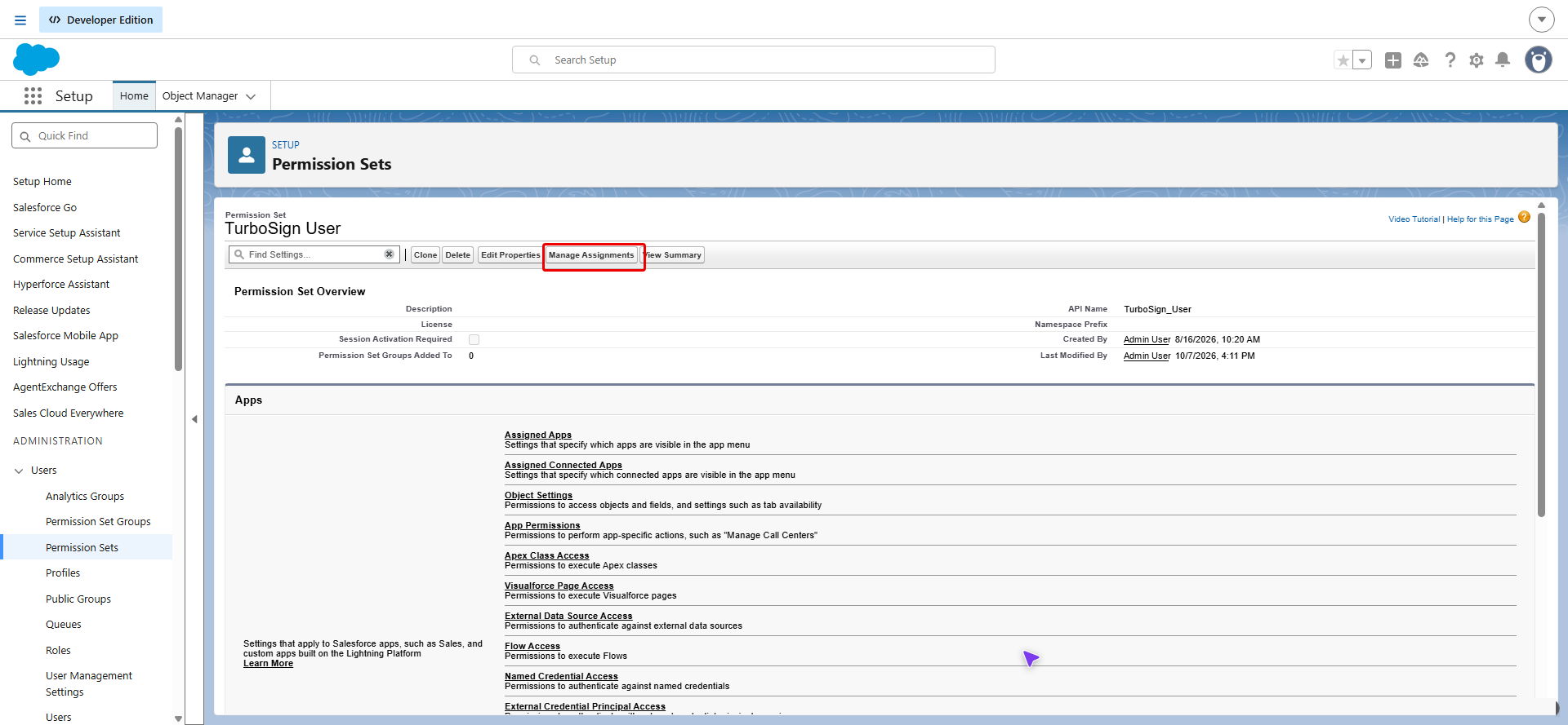 TurboSign User permission set with Manage Assignments highlighted