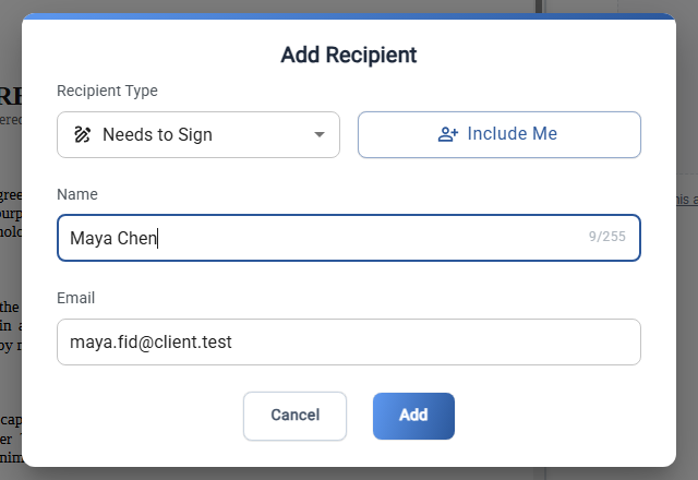 Add Recipient dialog with Recipient Type, Name and Email