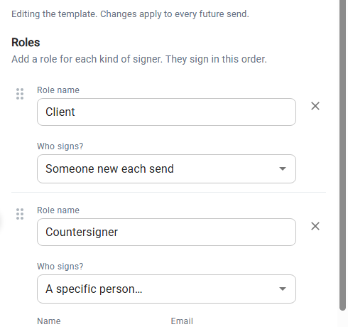 Roles editor with a Client role and a Countersigner role