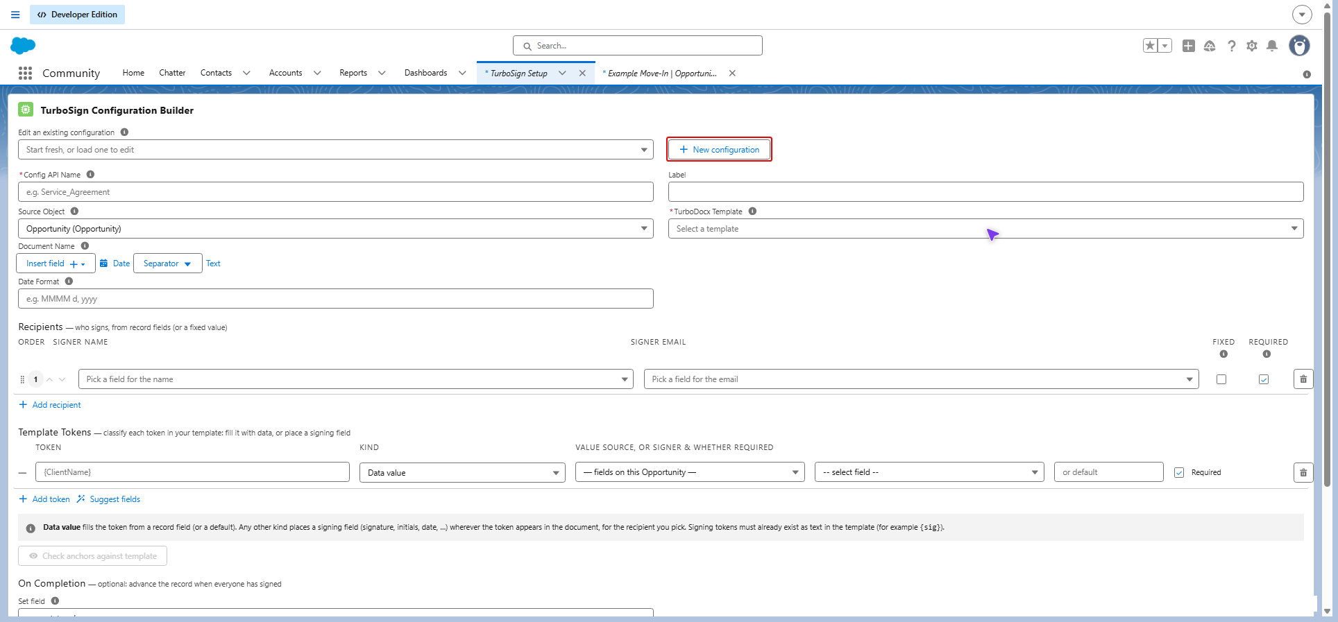 TurboSign Configuration Builder with New configuration highlighted