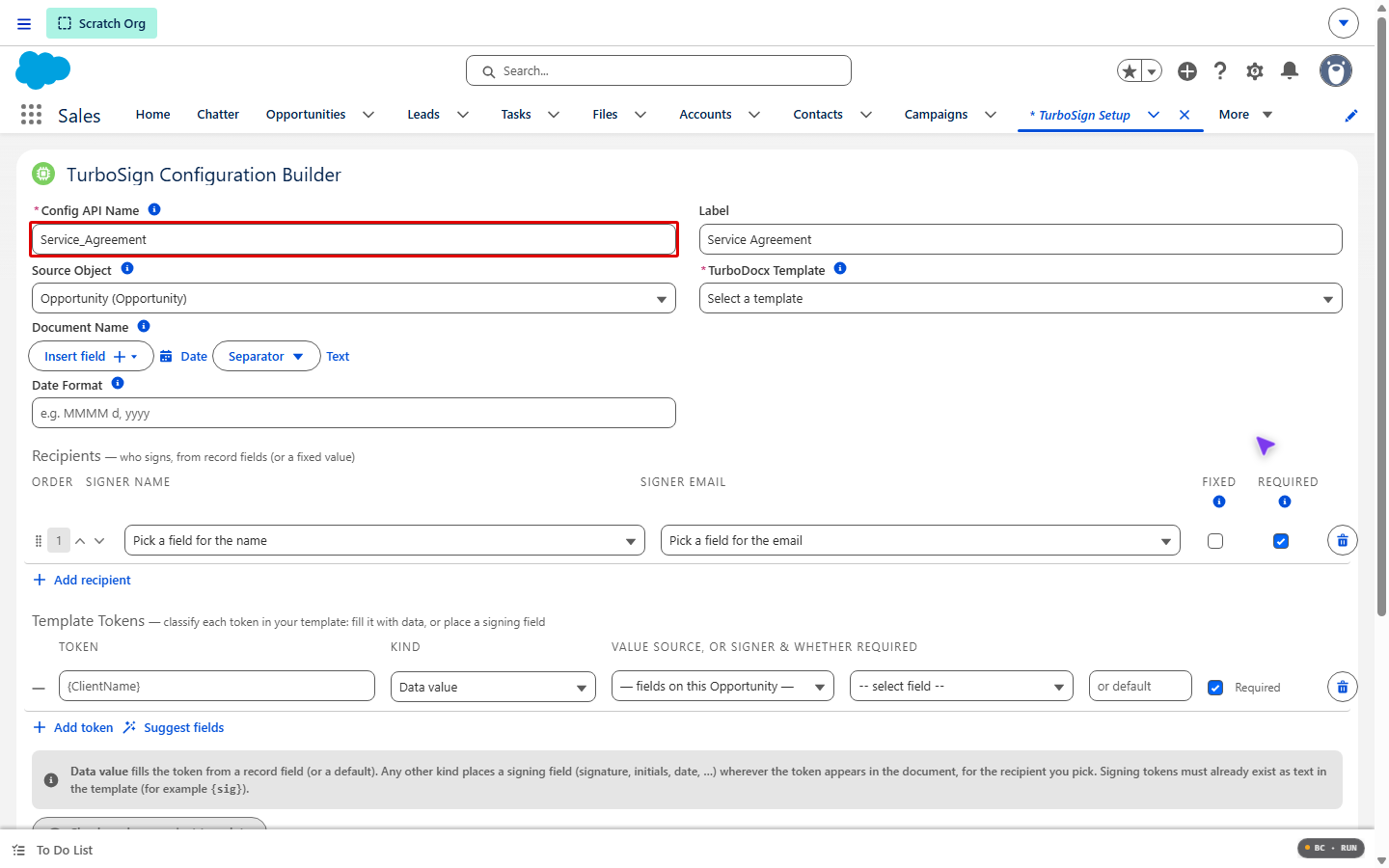 Config API Name field highlighted