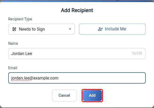 Add Recipient dialog with the Add button highlighted