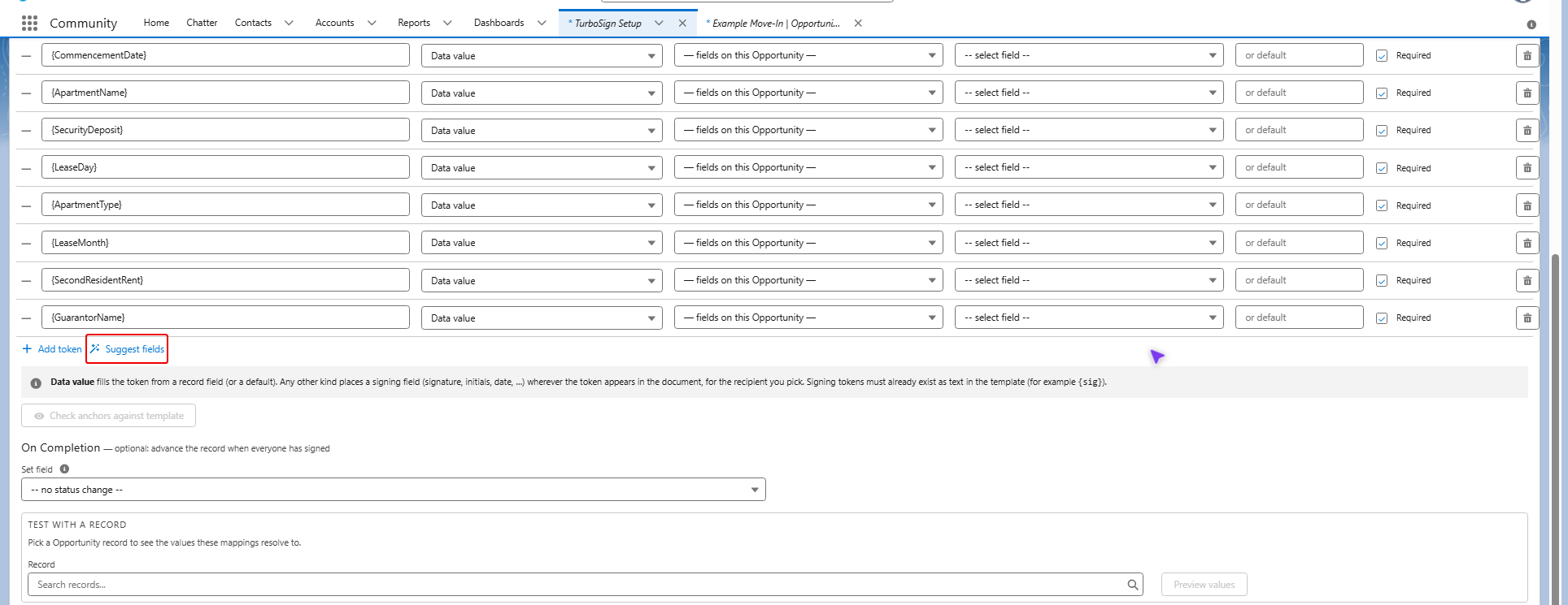 Template Tokens list with Suggest fields highlighted