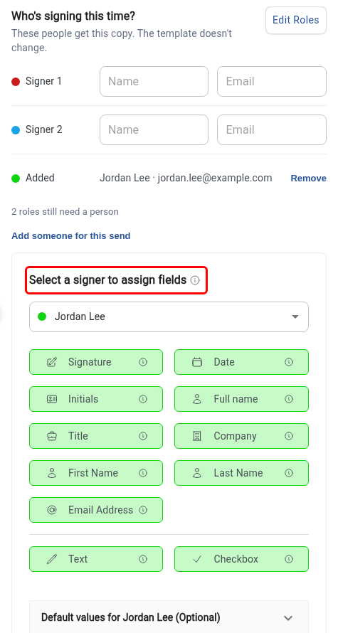 Select a signer to assign fields panel for the added signer