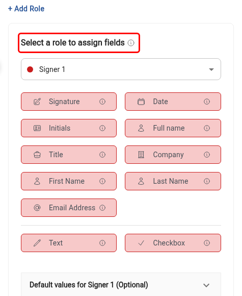 Field palette under Select a role to assign fields, with Signer 1 chosen