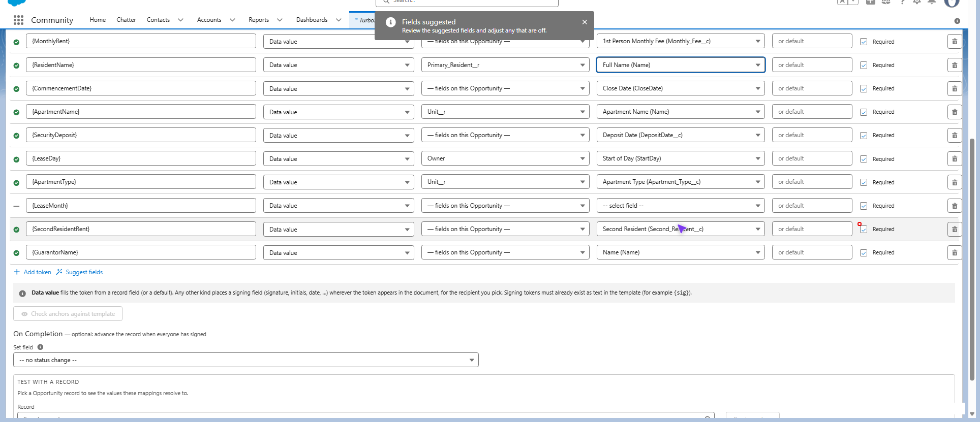 A token row with the Required checkbox highlighted