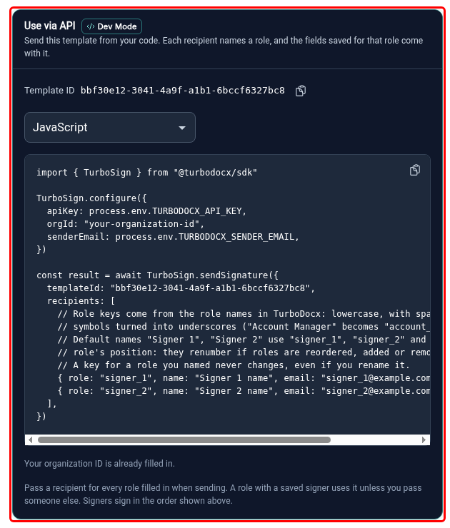 Use via API panel on the template page showing the template ID and a code sample with role keys