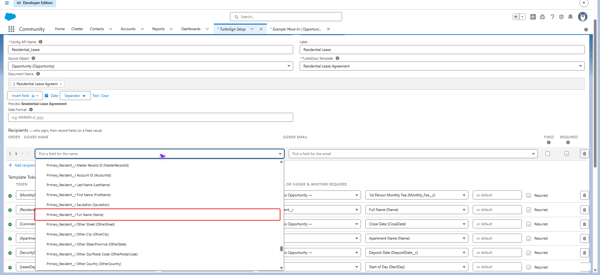 Signer name list with a name field highlighted