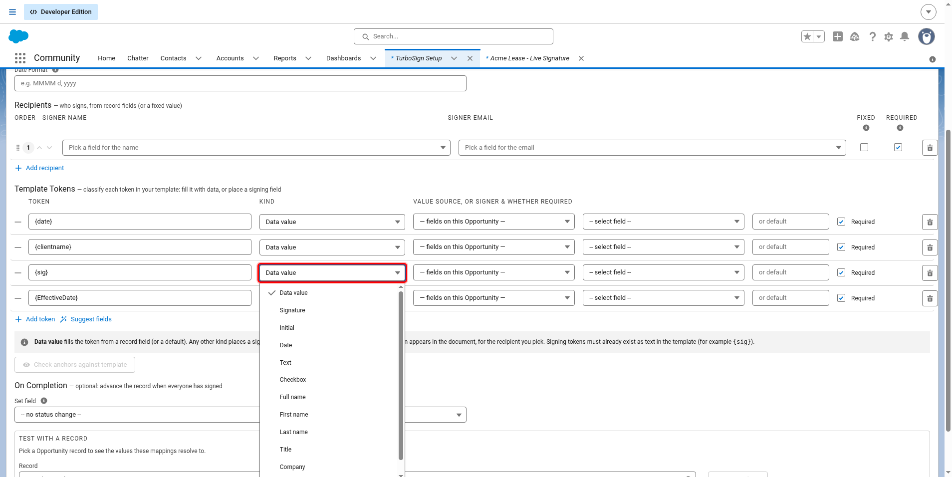 Kind menu open on an existing token row