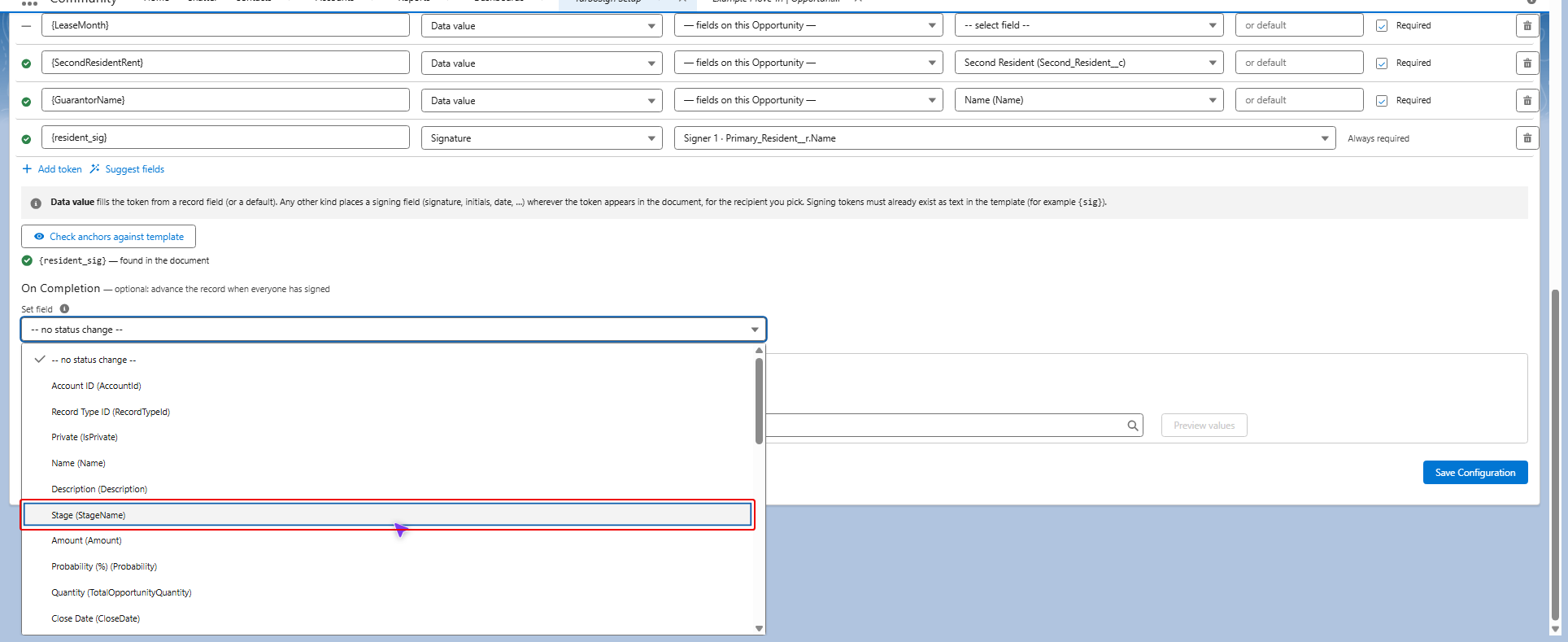 Set field list with Stage highlighted