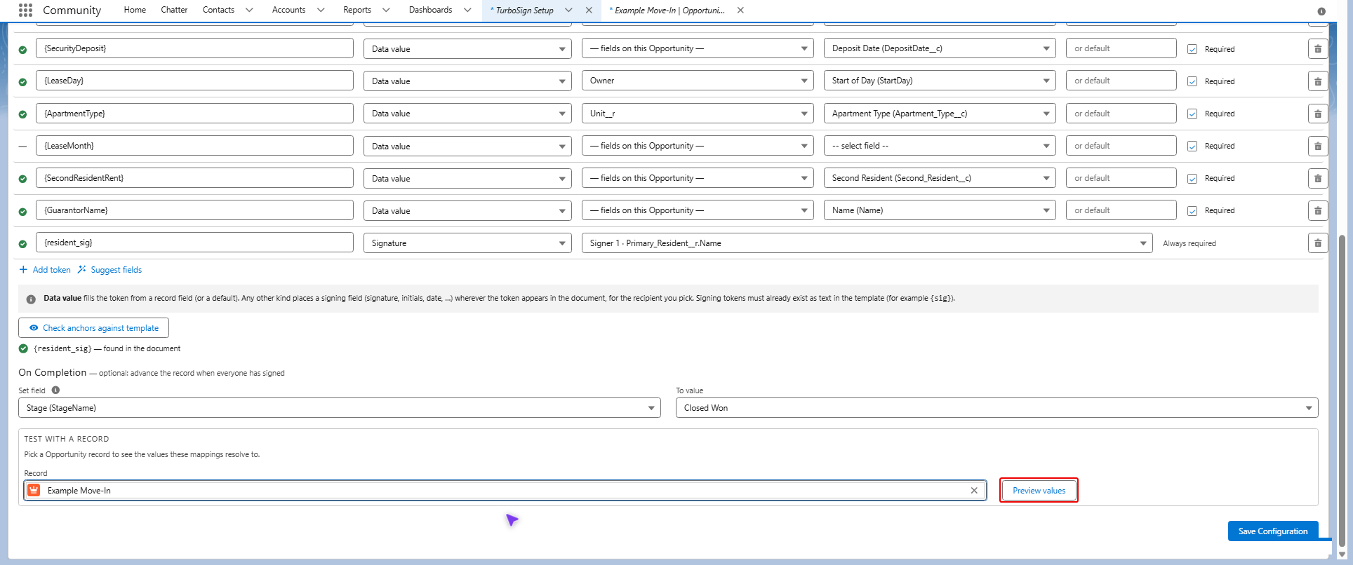 Preview values button highlighted