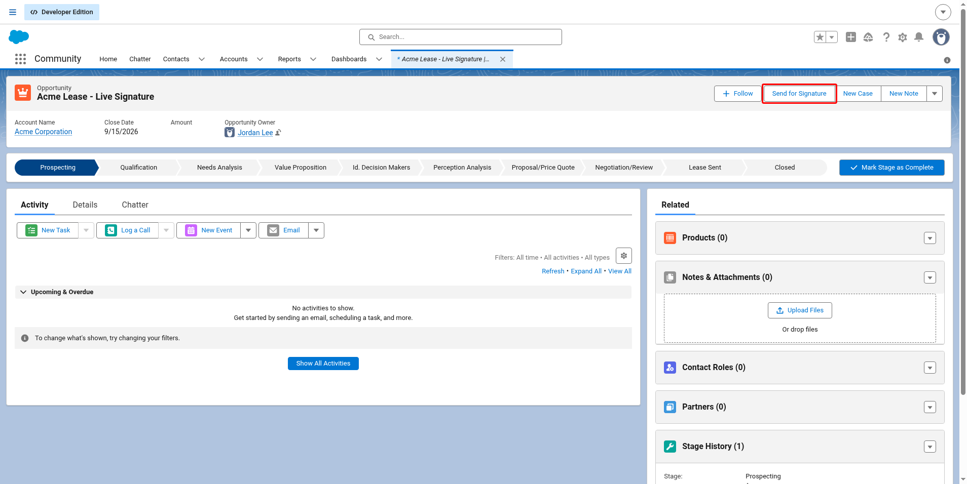 Opportunity page with the Send for Signature button highlighted