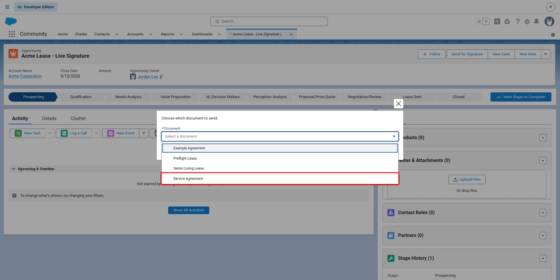 Document list with Service Agreement highlighted