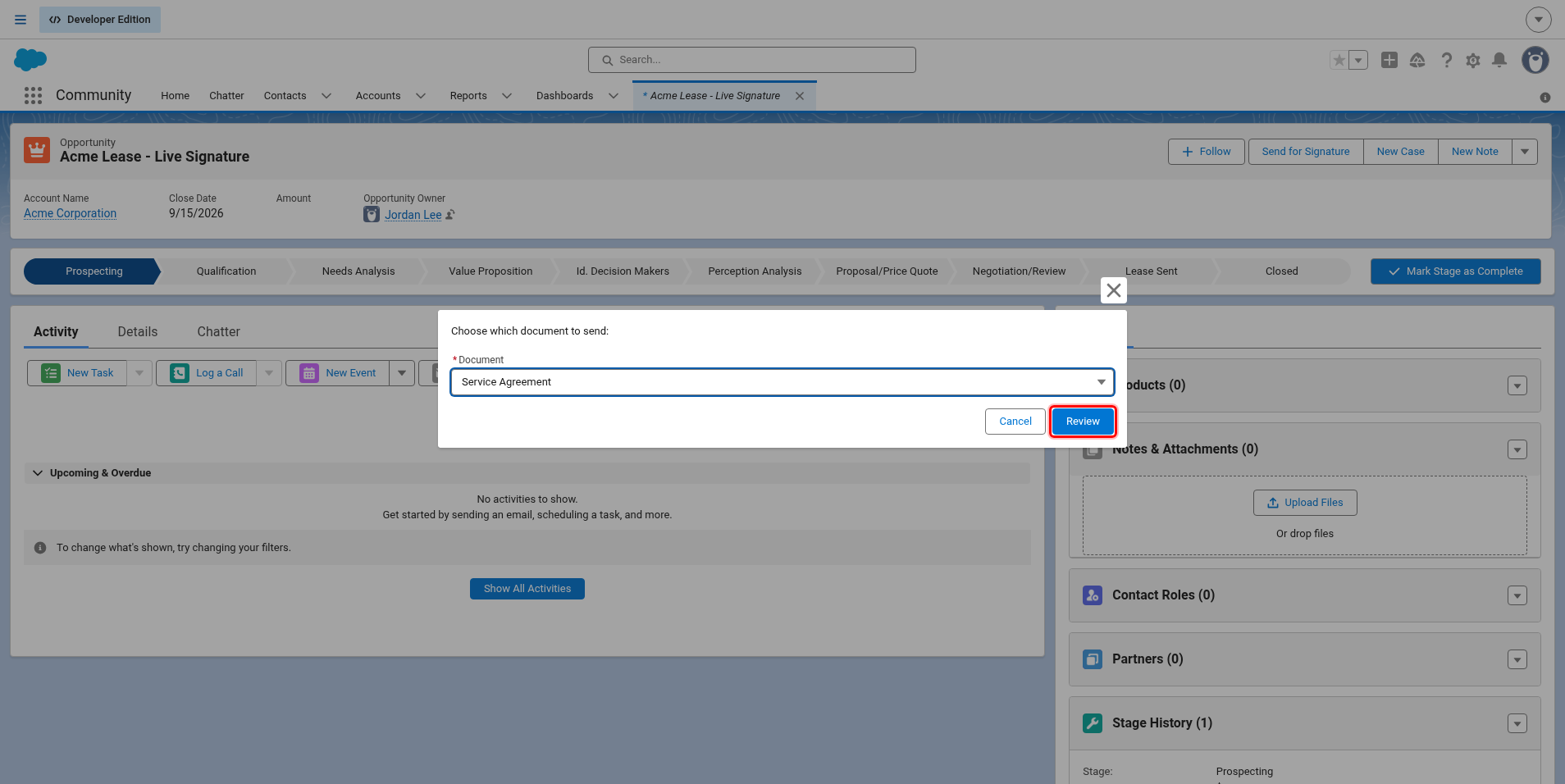 Send dialog with the Review button highlighted