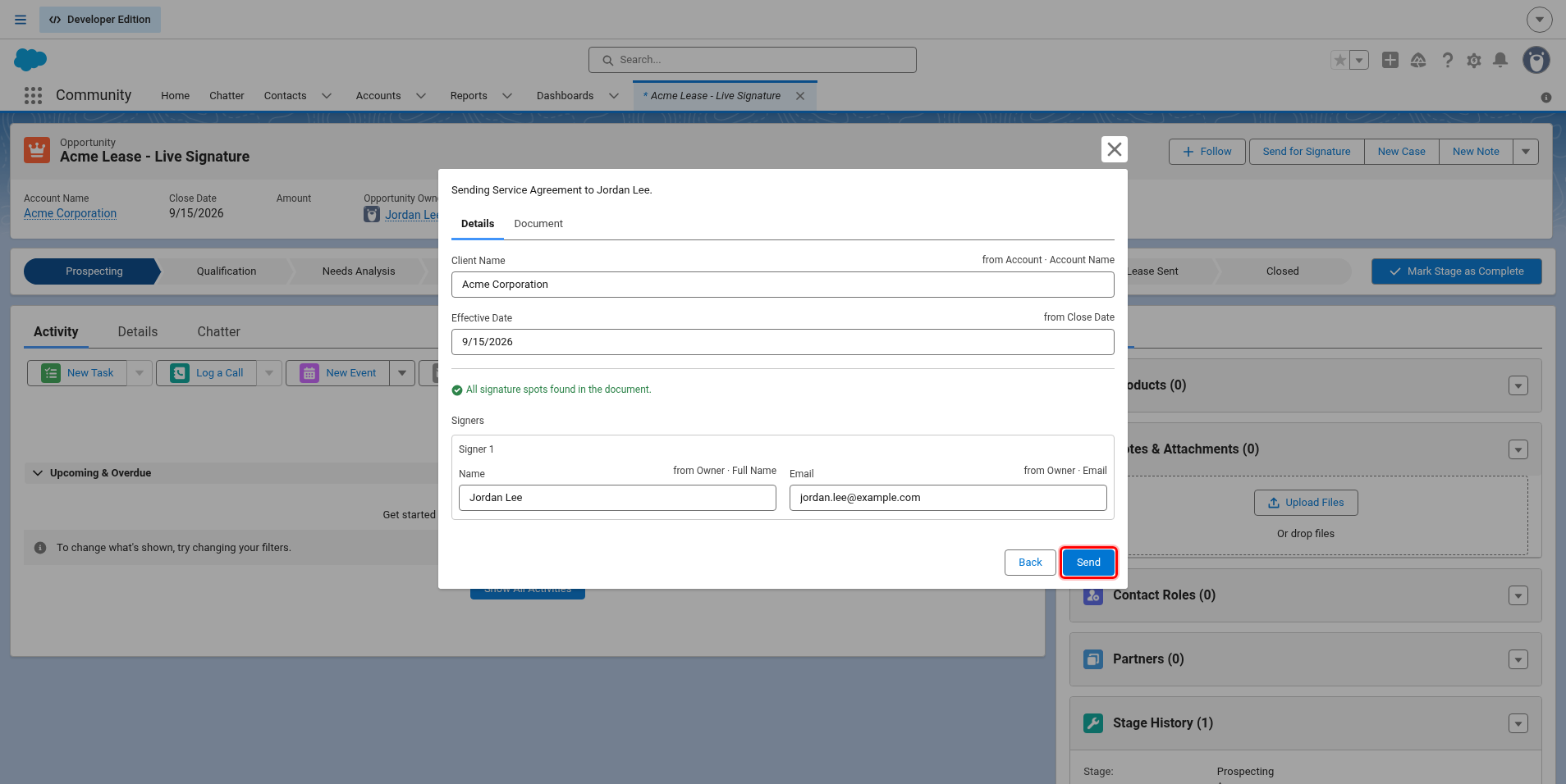 Review screen with the Send button highlighted