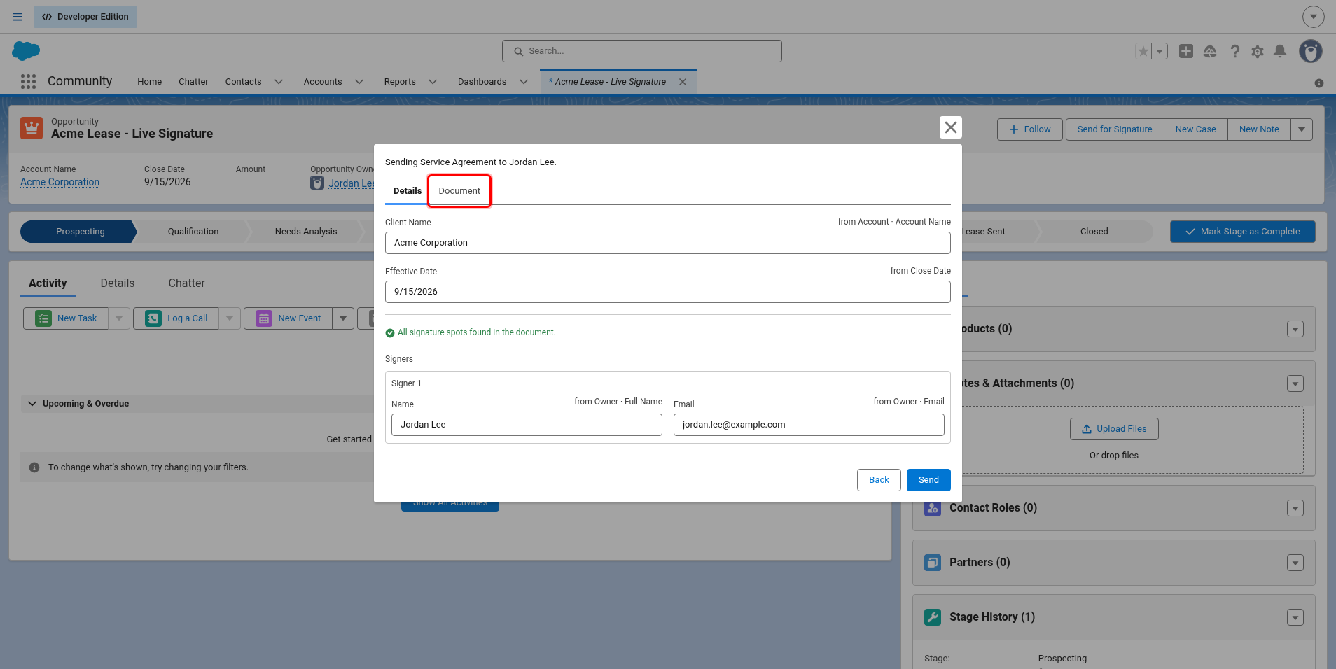 Review screen with the Document tab highlighted