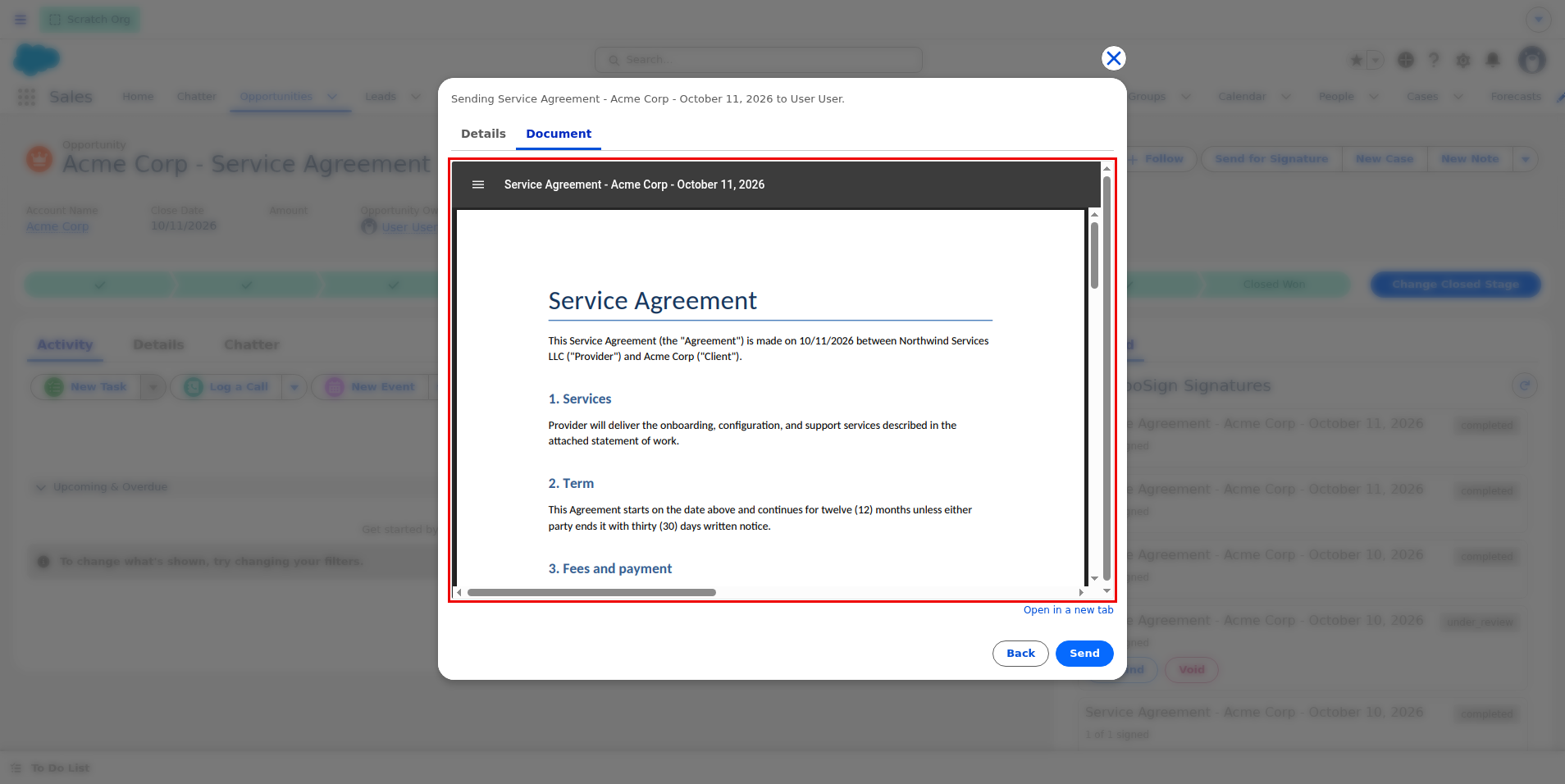 Document tab with the PDF preview of the filled-in Service Agreement highlighted
